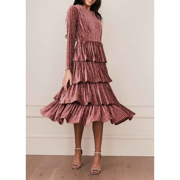 Jessakae Pleated Velvet Eiffel Tiered Long Sleeve Dress In Dusty Rose sz 3XL - Picture 1 of 12